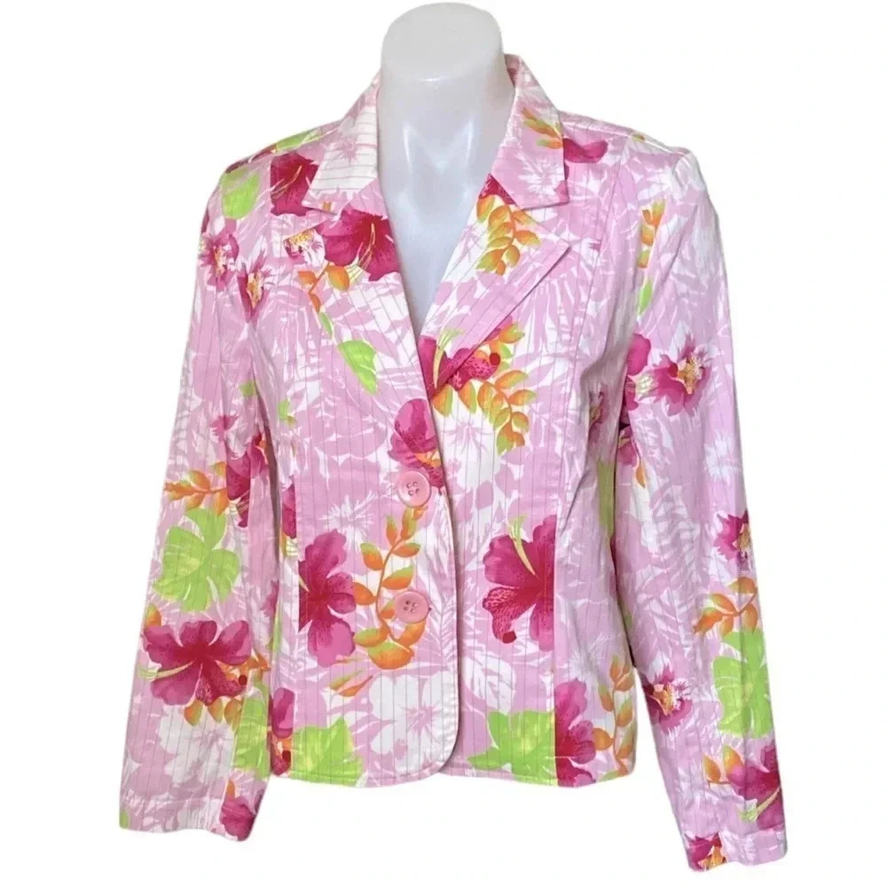 TRIBU | Women’s Pink Floral and Stripped Pattern Women’s Coastal Blazer Size 12